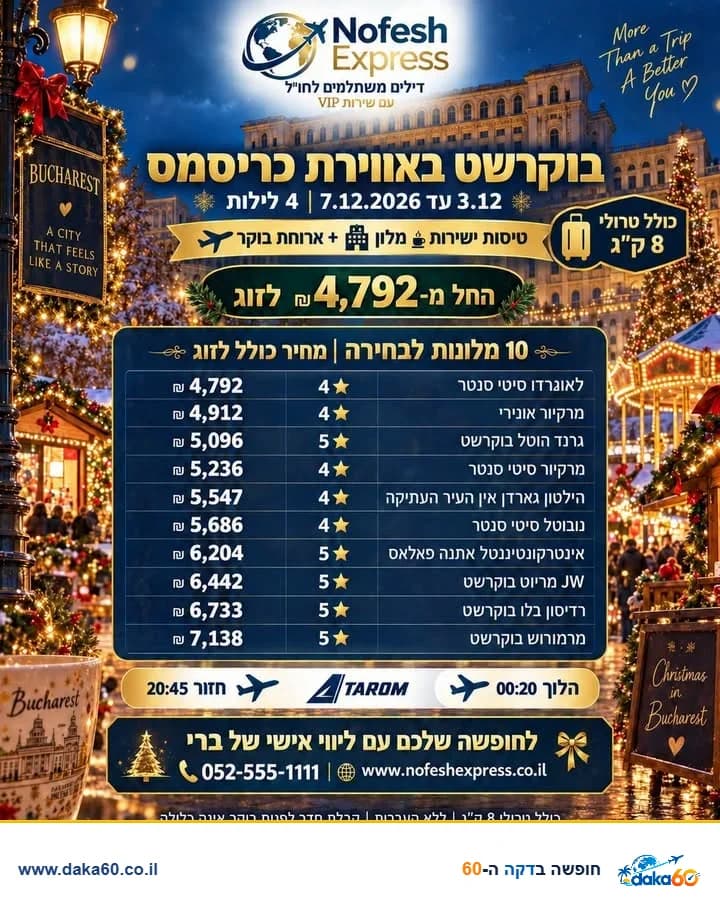 חופשה זוגית בבוקרשט עם אווירת כריסמס ו-4 לילות